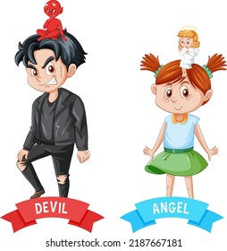 Cartoon character with devil and angel fighting in thought illustration