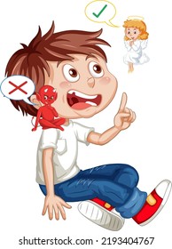 Cartoon character with devil and angel fighting in thought illustration