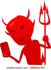 Cartoon character devil holding a smart phone and pitchfork. Is satan on social media? Vector illustration isolated on white background.
