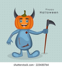 Cartoon character of devil in pumpkin face holding an axe for Halloween party celebration on dotted sky blue background.