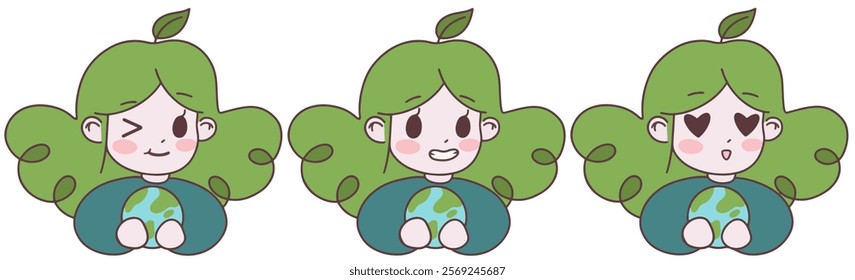 Cartoon character with different emotions. Cute eco girl mascot. Illustration for clipart, event, sticker. Eco friendly concept. Vector file