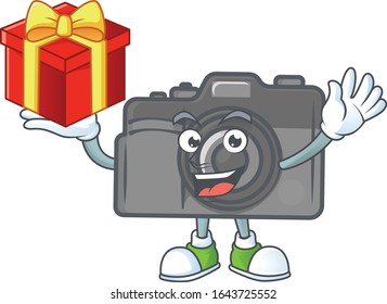 cartoon character of digital camera with a box of gift