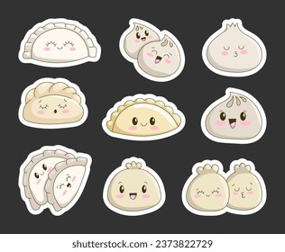 Cartoon character of Dim Sum. Sticker Bookmark. Asian food menu. Traditional Chinese dumplings with funny smiling faces. Vector drawing. Collection of design elements.
