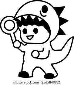 A cartoon character in a dinosaur costume holding a bubble wand. The image is black and white and has a playful, lighthearted mood