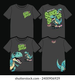 Cartoon character dinosaur riding a skateboard and graffiti lettering. Two options vector graphic design for t-shirt.