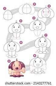 Cartoon character diog with bone step by step drawing tutorial