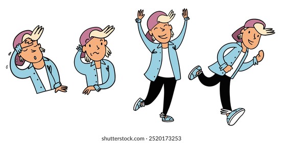 A cartoon character displaying various emotions, including sweating, sadness, happiness, and running. The character is wearing a light blue jacket and a pink cap, showcasing a playful and dynamic rang