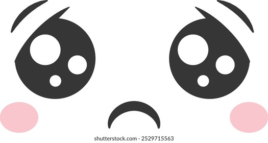 A cartoon character displays a sorrowful expression with big round eyes filled with tears and rosy cheeks expressing sadness and vulnerability in a simplistic style.