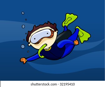 cartoon character diving on deep ocean