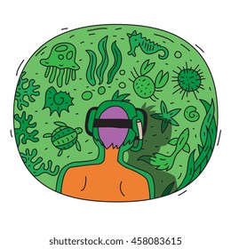 cartoon character do snorkeling and watching on sea life, vector graphic art isolated illustration.