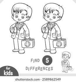 Cartoon character Doctor boy. Find differences, educational game for children. Black and white activity worksheet