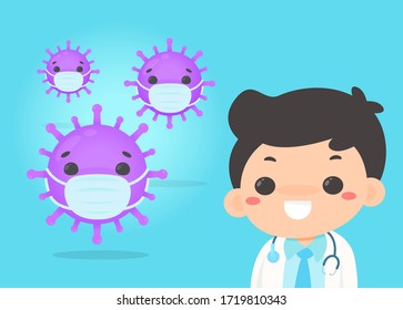 The cartoon character doctor is explaining about the protection of the corona virus. By wearing a mask to prevent the spread of the flu.