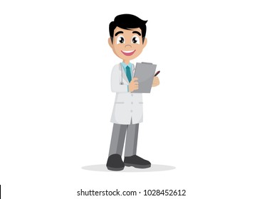 Cartoon character, Doctor holding clipboard and takes notes on it., vector eps10