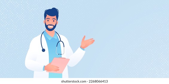 Cartoon character of doctor holding a clipboard on light blue background vector illustration. Healthcare and medicine concept.