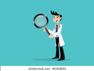 Cartoon character, Doctor holding a magnifying glass., vector eps10