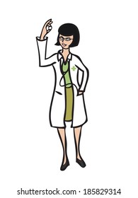 Cartoon character of doctor looking at a pill