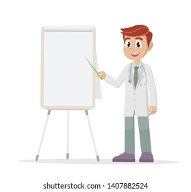 Cartoon Character, Doctor Pointing A Whiteboard, Vector Eps10