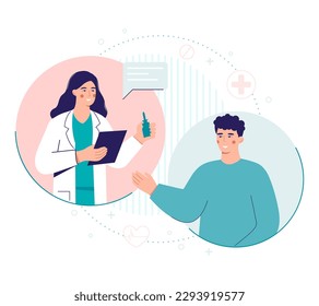 Cartoon character of doctor providing modern healthcare services via Internet to patient. Process of giving online consultation to patients. Video call meeting with therapist. Vector