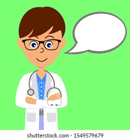 Cartoon character doctor with speech bubble. Healthcare concept. Flat vector illustration.