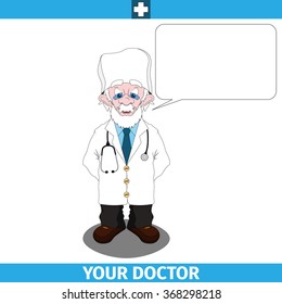 Cartoon character. A doctor wearing glasses and a white lab coat with empty dialog cloud. Vector illustration 10 EPS