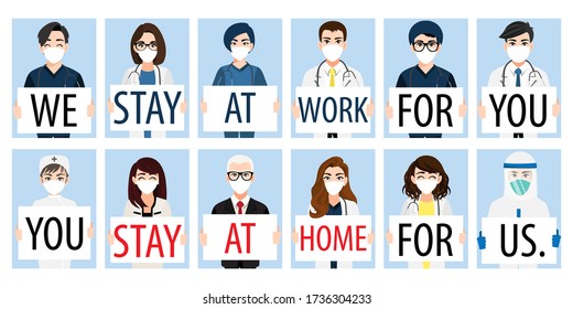 Cartoon character with doctors, nurses and medical staff holding poster requesting people avoid Corona virus and Covid-19 spreading by staying at home. Corona virus Disease awareness vector