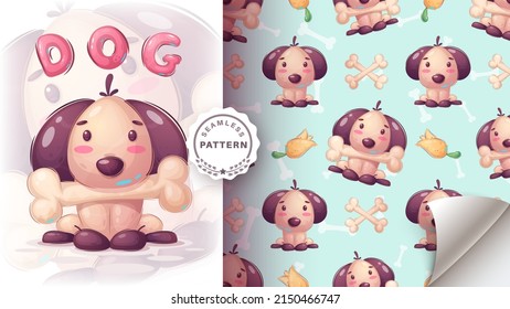 Cartoon character dog with bone - seamless pattern