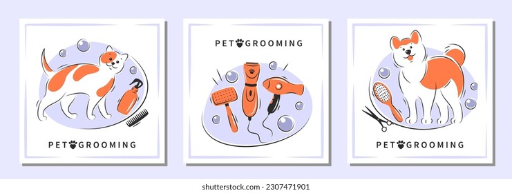 Caricatura de perros y gatos con diferentes herramientas para el peinado animal. Pet grooming. Conjunto de diseños para el salón de cuidados para mascotas. Ilustración del vector