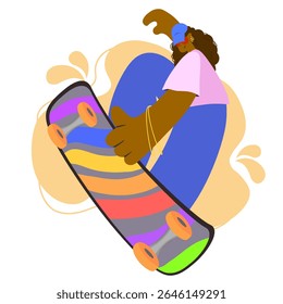 Cartoon character doing skateboard trick in horizontal position with expressive pose and colorful outfit