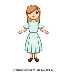 Cartoon character doll standing with light brown hair and a light blue dress, representing childhood, play, children's development, girlhood, and innocent imagination