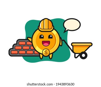 Cartoon character of dollar coin as a builder