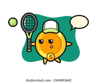 Cartoon character of dollar coin as a tennis player