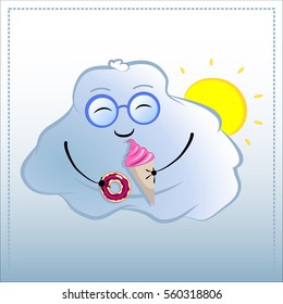 Cartoon character with donut and icecream. Cute Cloud in glasses vector illustration. Hand-drawn character for tasty dessert, unhealthy food, fat person's bad habits, happiness from sweets concepts