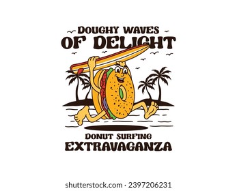 Cartoon Character Of A Donut With A Vintage And Handwritten Style Goes On Holiday At The Beach