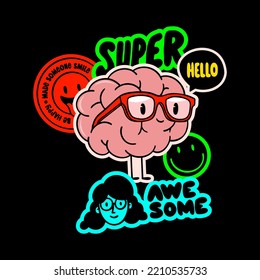 Cartoon character, doodle of the brain with glasses. Hand drawn illustration.