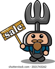 cartoon character doodle character cute farmer's fork mascot costume holding a selling board