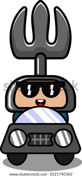 cartoon character doodle\
character cute farmer\'s fork mascot costume wearing glasses driving\
a car