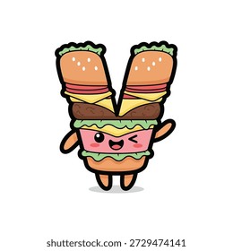 Carácter de la historieta de la hamburguesa doble del queso con la cara sonriente y los brazos y las piernas de pie