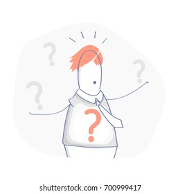 Cartoon character in doubt, he wonders, has problems and surrounded by question marks. Support, help and FAQ illustration concept. Flat line UX / UI element for web and mobile design.