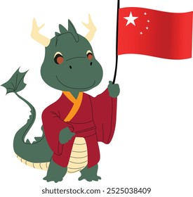 A cartoon character of a dragon wearing a Chinese calligraphers robe, holding the China flag