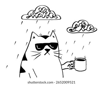 Cartoon character drawing style illustration of a fat cat with coffee mug under rain cloud raining on isolated background done in black and white.