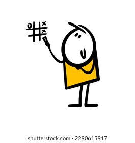 El personaje de la caricatura dibuja tiza en la pared y toca el tic-tac-toe. Ilustración vectorial de un stickman y un juego para niños.