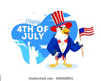 Cartoon character of eagle wearing uncle sam hat holding American Flag on the occasion of Happy 4th Of July and silhouette statue of liberty.