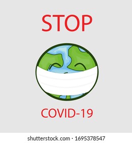 Cartoon character.The Earth wears a mask to prevent the spread of the virus. Planet Earth with face mask protect to fight against Corona virus.Flat vector illustration
