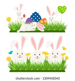 Cartoon character easter bunnies and eggs vector design. Illustration of easter rabbit, holiday tradition