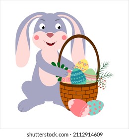 Cartoon character Easter Bunny Rabbit with a basket full of colored Easter eggs. Vector isolated on a white background.