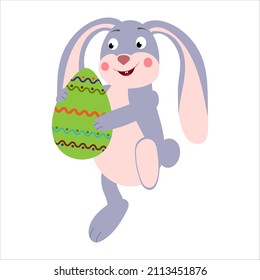The cartoon character Easter Bunny is a rabbit with a painted Easter egg. Vector isolated on a white background.