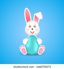 Cartoon character Easter white bunny sitting with an egg on a blue background. Vector illustration.