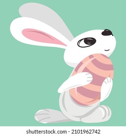 Cartoon character Easter white rabbit with egg. Perfect for tee shirt logo, greeting card, poster, invitation or print design.