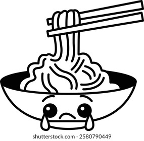 A cartoon character is eating noodles with chopsticks