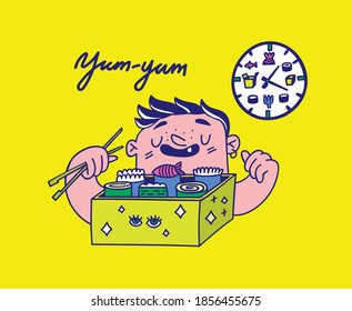 Cartoon character eating rolls out of the box